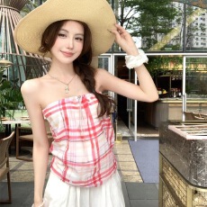 批发2026年<b class='q'>春</b>夏甜辣风多巴胺复古格纹抹胸背心女夏季百搭白色上衣