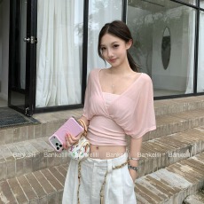 批发假两件短袖女 轻薄网纱蝙蝠袖修身短款<b class='q'>气质</b>纯色内搭小上衣