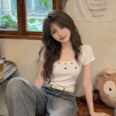 批发5*5螺纹面料 方领短袖女夏季辣妹<b class='q'>打底衫</b>设计感短款收腰chic上衣