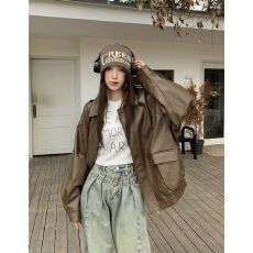 批发美式复古皮衣夹克外套女早秋甜酷风机车PU皮宽松修身长袖上衣