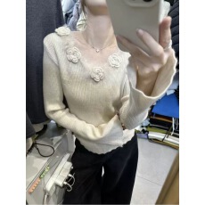 批发韩系氛围感毛毛拼接立体花朵v领针织衫女秋冬<b class='q'>甜美</b>喇叭袖打底上衣