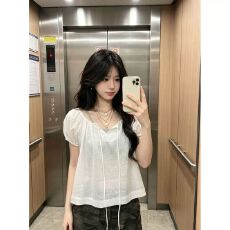 批发韩系泡泡袖一字领系带小衫女夏轻薄宽松透气<b class='q'>短袖</b>衬衫方领短款上衣
