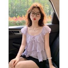 批发<b class='q'>韩版</b>温柔风时尚气质荷叶边雪纺衫洋气少女气质小衫小个子别致上衣