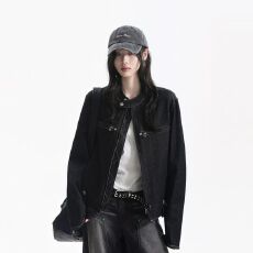 批发美式复古水洗牛仔外套男女秋季设计感小众显瘦<b class='q'>通勤</b>百搭立领短外套