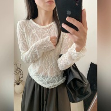 批发韩版重工刺绣<b class='q'>花朵</b>透视镂空提花小衫女2026早秋新款圆领修身打底衫
