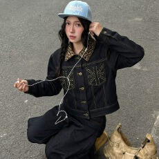 批发美式街头水洗米字铆钉正肩牛仔夹克男女短宽豹纹<b class='q'>翻领</b>显瘦短外套潮