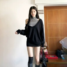 批发韩系秋季穿搭黑色V领长袖<b class='q'>针织衫</b>女叠穿高领<b class='q'>条纹</b>背心上衣两件套装