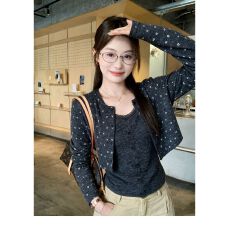 批发<b class='q'>兔毛</b>布 韩系灰色碎花针织开衫女秋修身显瘦短款长袖上衣