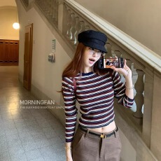 批发红条纹撞色针织长袖T恤女秋冬季新款复古圆领内搭打底衫短款上衣