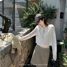 批发懒人棉半开领撞色短款长袖t恤女秋季新款韩系宽松显瘦设计感上衣