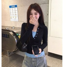 批发【260克人棉莫代尔】 撞色波点内搭拼接<b class='q'>假两件</b>长袖T恤女修身<b class='q'>上衣</b>