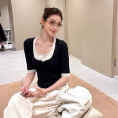 批发【260克人棉莫代尔】 撞色拼接<b class='q'>假两件</b>修身U领中袖T恤女<b class='q'>上衣</b>
