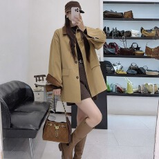 批发女<b class='q'>春</b>秋卡其色撞色拼接风衣外套新款英伦风时尚休闲chic百搭长袖衫