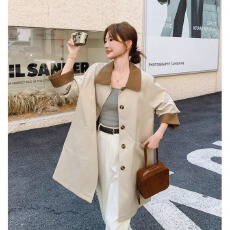 批发日系卡其<b class='q'>风衣</b>秋2026新款女装巴恩松弛感显瘦撞色翻领中长外套