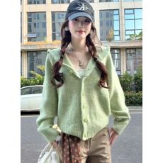 批发甜美日系青柠绿色宽松连帽毛衣外套女小众设计感学生长袖针织开衫