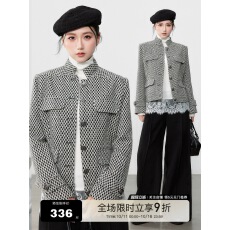 批发气质小香风立领外套秋季新款通勤感黑白<b class='q'>千鸟格</b>纹夹克女