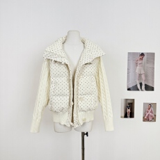 批发波点针织拼接长袖羽绒服50白鸭绒面包服短款外套女