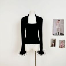 批发纯欲辣妹假两件可拆卸羽毛袖T恤女冬<b class='q'>修身</b>打底衫上衣