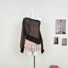 波点蝙蝠袖上衣吊带连衣裙套装春夏叠穿蛋糕裙长袖外套