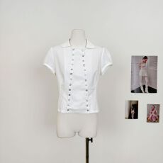 批发城市掠影系列 贝壳双排扣泡泡小飞袖正肩收腰衬衫