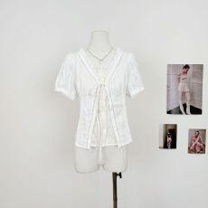 批发「云间芍药」假二件短袖衬衫女2026年新款白色显瘦花边上衣