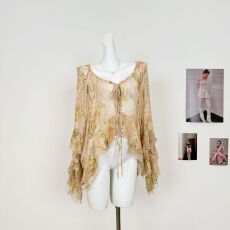 批发绿野仙踪印花喇叭飘带袖仙女薄开衫春季新款气质衬衫女装