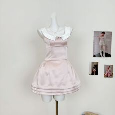 批发粉色缎面光泽感U领背心连衣裙女夏千金感收腰无袖蓬蓬短裙