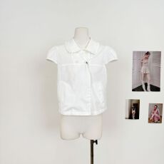 批发宅女同款莱赛尔白/<b class='q'>牛仔</b>蓝娃娃领小衫女木耳边短袖衬衫上衣