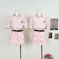 批发粉色衬衫女小个子衬衣高级感+油画印花短裙
