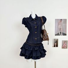 批发仿<b class='q'>牛仔</b>上衣女夏薄款短袖衬衫+蛋糕裙套装