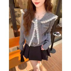 批发法式<b class='q'>蕾丝</b>拼接<b class='q'>披肩</b>翻领毛衣开衫女秋冬季法式高级感竖坑条针织上衣