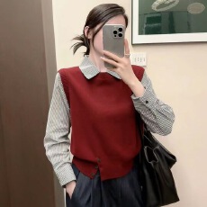 韩系假两件毛衣新款拼接条纹下摆开扣针织衫上衣女简约气质高级感