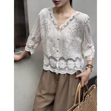 批发刺绣V领镂空钩花蕾丝衫女春夏薄开衫披肩百搭<b class='q'>罩衫</b>度假风上衣小衫