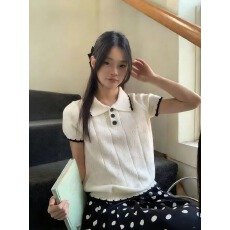 批发米白色polo领正肩针织短袖T恤女<b class='q'>夏季</b>新款修身短款韩版上衣