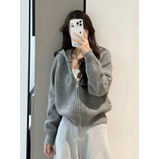韩系慵懒风波浪纹双拉链连帽毛衣外套女装秋冬季新款休闲百搭上衣