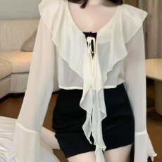 批发<b class='q'>夏季</b>新款超仙气质喇叭袖荷叶边系带防晒雪纺开衫上衣女