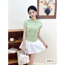 批发韩系珍珠蝴蝶结弧形下摆显瘦套头短袖