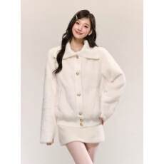 批发QDQD <b class='q'>甜美</b>可爱风软糯大翻领环保皮草秋冬新款白色皮毛一体外套女