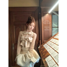 批发迟伞伞25/fw 绮月小姐 蕾丝蝴蝶结假两件长袖衬衫细闪小香风短裙