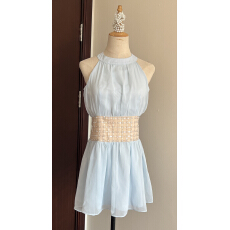 批发kubiliv【海蓝碎珀】重工挂脖挖肩纯欲氛围感手工<b class='q'>钉珠</b>收腰<b class='q'>连衣裙</b>