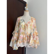 批发Sun雅乔吉维尼花园夏季娃娃衫水彩晕染荷叶边<b class='q'>喇叭袖</b>V领上衣女