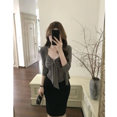 批发SZA巴黎旧梦春季新款<b class='q'>针织</b><b class='q'>开衫</b>+抹胸蝴蝶结内搭＋半裙三件套