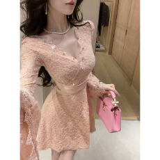 批发雅乔甜桃娇娇优雅气质V领钉珠蕾丝长袖连衣裙