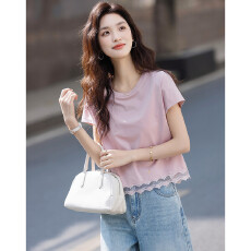 批发柔雾欧<b class='q'>若</b>风2025夏季棉氨圆领打底衫蕾丝小个子女式t恤