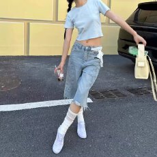 批发~美式夏季<b class='q'>街头</b>水洗七分牛仔裤女设计感破洞毛边流苏阔腿裤