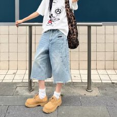 批发~美式夏季<b class='q'>街头</b>水洗七分牛仔裤女设计感破洞毛边流苏阔腿裤