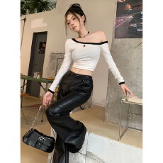 批发现货~黑色PU直筒皮裤春秋高腰宽松显瘦美式<b class='q'>街头</b>复古休闲阔腿裤