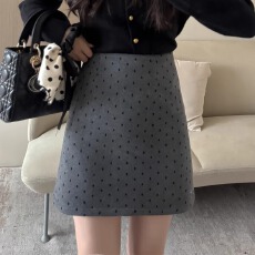 批发秋冬加厚灰色波点毛呢半身裙防走光高腰a字包臀裙大码显瘦短裙女