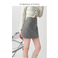 批发大码胖mm波点半身裙女秋冬灰色微胖包臀毛呢裙子短款斑点A字短裙