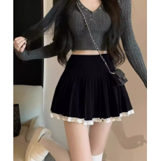 批发西部辣妹微胖版毛呢半身裙百褶裙子高腰蓬蓬裙纯欲蕾丝边A字短裙